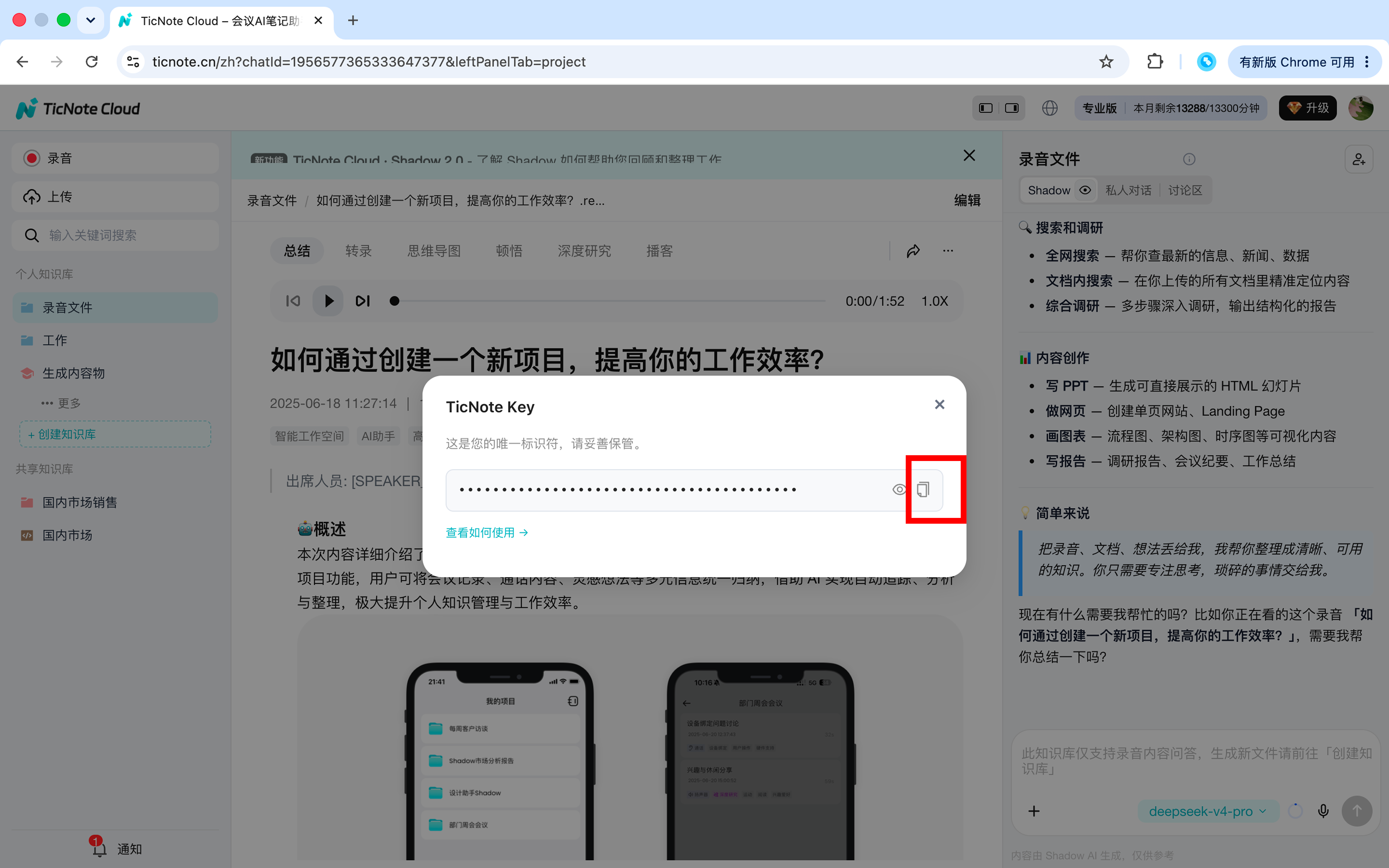 复制 TicNote API Key
